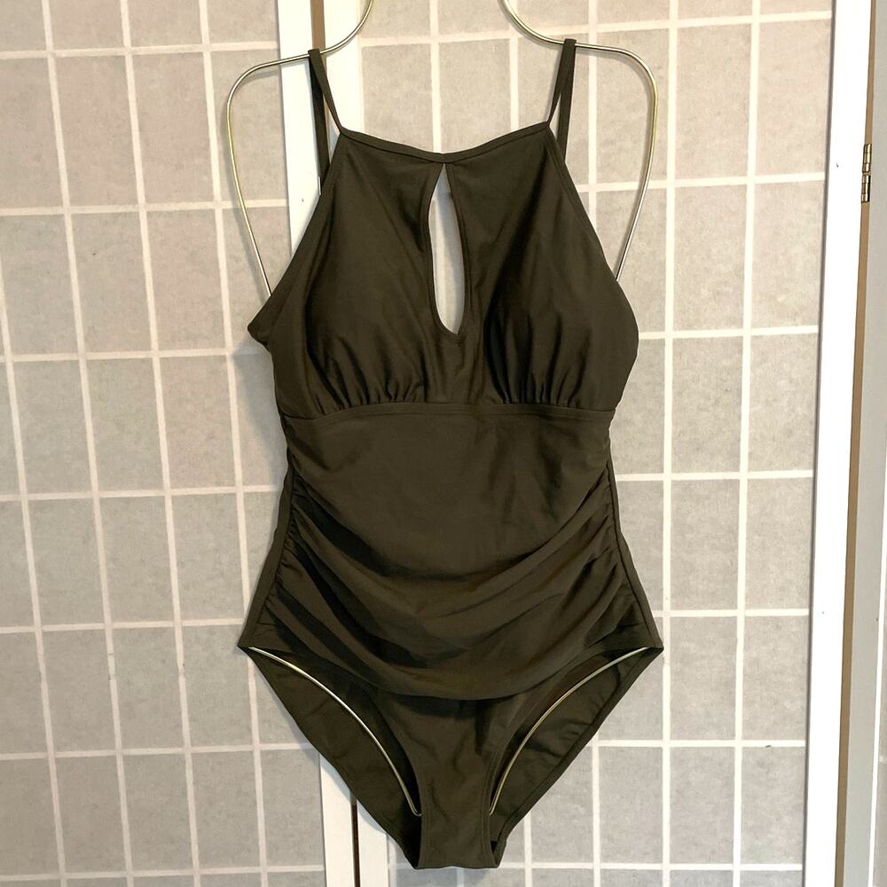 Ellen Tracy One Piece Swimsuit Sz 10 Olive Green Keyhole Ruched Tummy Control